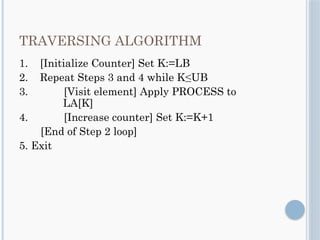 TRAVERSING ALGORITHM
1. [Initialize Counter] Set K:=LB
2. Repeat Steps 3 and 4 while K≤UB
3. [Visit element] Apply PROCESS to
LA[K]
4. [Increase counter] Set K:=K+1
[End of Step 2 loop]
5. Exit
 
