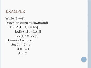 EXAMPLE
While (3 >=2)
[Move Jth element downward]
Set LA[J + 1] : = LA[J]
LA[3 + 1] : = LA[3]
LA [4] : = LA [3]
[Decrease Counter]
Set J : = J – 1
3 = 3 – 1
J : = 2
 