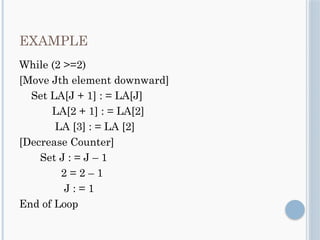 EXAMPLE
While (2 >=2)
[Move Jth element downward]
Set LA[J + 1] : = LA[J]
LA[2 + 1] : = LA[2]
LA [3] : = LA [2]
[Decrease Counter]
Set J : = J – 1
2 = 2 – 1
J : = 1
End of Loop
 