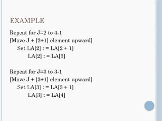 EXAMPLE
Repeat for J=2 to 4-1
[Move J + [2+1] element upward]
Set LA[2] : = LA[2 + 1]
LA[2] : = LA[3]
Repeat for J=3 to 3-1
[Move J + [3+1] element upward]
Set LA[3] : = LA[3 + 1]
LA[3] : = LA[4]
 