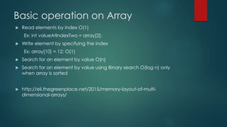 Basic operation on Array
 Read elements by index O(1)
Ex: int valueAtIndexTwo = array[2];
 Write element by specifying the index
Ex: array[10] = 12; O(1)
 Search for an element by value O(n)
 Search for an element by value using Binary search O(log n) only
when array is sorted
 http://eli.thegreenplace.net/2015/memory-layout-of-multi-
dimensional-arrays/
 