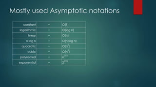 Mostly used Asymptotic notations
constant − Ο(1)
logarithmic − Ο(log n)
linear − Ο(n)
n log n − Ο(n log n)
quadratic − Ο(n
2
)
cubic − Ο(n
3
)
polynomial − n
Ο(1)
exponential − 2
Ο(n)
 