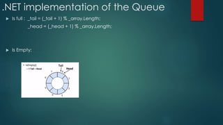 .NET implementation of the Queue
 Is full : _tail = (_tail + 1) % _array.Length;
_head = (_head + 1) % _array.Length;
 Is Empty:
 