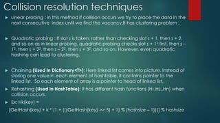 Collision resolution techniques
 Linear probing : in this method if collision occurs we try to place the data in the
next consecutive index until we find the vacancy.It has clustering problem .
 Quadratic probing : If slot s is taken, rather than checking slot s + 1, then s + 2,
and so on as in linear probing, quadratic probing checks slot s + 12 first, then s –
12, then s + 22, then s – 22, then s + 32, and so on. However, even quadratic
hashing can lead to clustering.
 Chaining (Used in Dictionary<T>): Here linked list comes into picture. Instead of
storing one value in each element of hashtable, it contains pointer to the
linked list. So each element of array is a pointer to head of linked list.
 Rehashing (Used in HashTable): It has different hash functions (H1,H2..Hn) when
collision occurs.
 Ex: Hk(key) =
[GetHash(key) + k * (1 + (((GetHash(key) >> 5) + 1) % (hashsize – 1)))] % hashsize
 