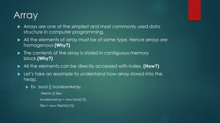 Array
 Arrays are one of the simplest and most commonly used data
structure in computer programming.
 All the elements of array must be of same type. Hence arrays are
homogenous (Why?)
 The contents of the array is stored in contiguous memory
block.(Why?)
 All the elements can be directly accessed with index. (How?)
 Let’s take an example to understand how array stored into the
heap.
 Ex: bool [] booleanArray;
FileInfo [] files;
booleanArray = new bool[10];
files = new FileInfo[10];
 