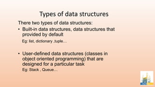 Types of data structures
There two types of data structures:
• Built-in data structures, data structures that
provided by default
Eg: list, dictionary ,tuple…
• User-defined data structures (classes in
object oriented programming) that are
designed for a particular task
Eg: Stack , Queue…
 