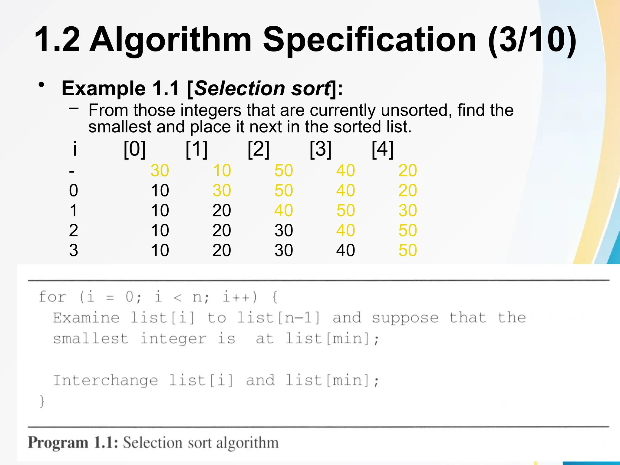 • Example 1.1 [Selection sort]:
– From those integers that are currently unsorted, find the
smallest and place it next in the sorted list.
i [0] [1] [2] [3] [4]
- 30 10 50 40 20
0 10 30 50 40 20
1 10 20 40 50 30
2 10 20 30 40 50
3 10 20 30 40 50
1.2 Algorithm Specification (3/10)
 