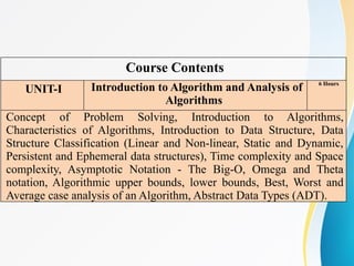 Course Contents
UNIT-I Introduction to Algorithm and Analysis of
Algorithms
6 Hours
Concept of Problem Solving, Introduction to Algorithms,
Characteristics of Algorithms, Introduction to Data Structure, Data
Structure Classification (Linear and Non-linear, Static and Dynamic,
Persistent and Ephemeral data structures), Time complexity and Space
complexity, Asymptotic Notation - The Big-O, Omega and Theta
notation, Algorithmic upper bounds, lower bounds, Best, Worst and
Average case analysis of an Algorithm, Abstract Data Types (ADT).
 