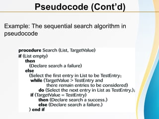 Pseudocode (Cont’d)
Example: The sequential search algorithm in
pseudocode
 