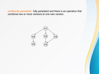 confluently persistent: fully persistent and there is an operation that
combines two or more versions to one new version.
V1
V2
V3
V4
V5
V5
 