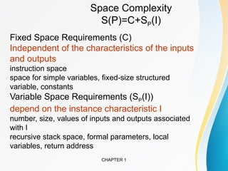Space Complexity
S(P)=C+SP(I)
Fixed Space Requirements (C)
Independent of the characteristics of the inputs
and outputs
instruction space
space for simple variables, fixed-size structured
variable, constants
Variable Space Requirements (SP(I))
depend on the instance characteristic I
number, size, values of inputs and outputs associated
with I
recursive stack space, formal parameters, local
variables, return address
CHAPTER 1
 