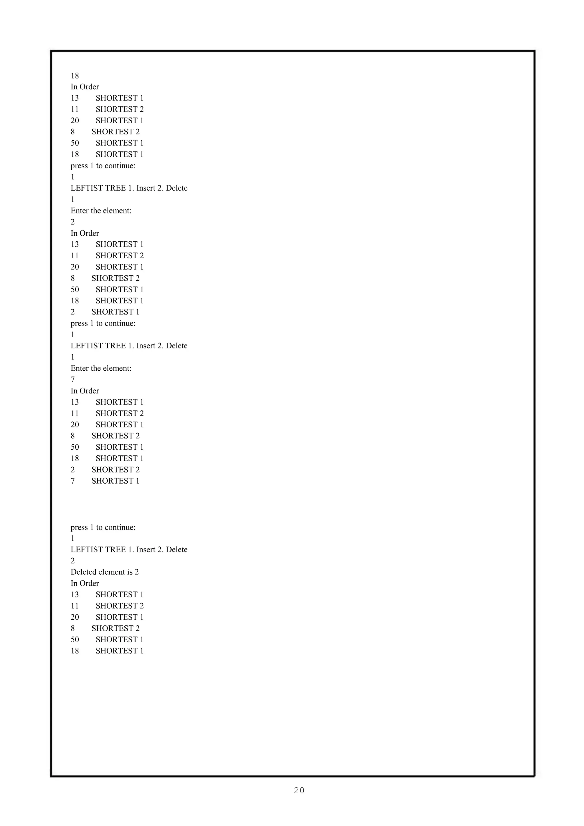 18
In Order
13      SHORTEST 1
11      SHORTEST 2
20      SHORTEST 1
8     SHORTEST 2
50      SHORTEST 1
18      SHORTEST 1
press 1 to continue:
1
LEFTIST TREE 1. Insert 2. Delete
1
Enter the element:
2
In Order
13      SHORTEST 1
11      SHORTEST 2
20      SHORTEST 1
8     SHORTEST 2
50      SHORTEST 1
18      SHORTEST 1
2     SHORTEST 1
press 1 to continue:
1
LEFTIST TREE 1. Insert 2. Delete
1
Enter the element:
7
In Order
13      SHORTEST 1
11      SHORTEST 2
20      SHORTEST 1
8     SHORTEST 2
50      SHORTEST 1
18      SHORTEST 1
2     SHORTEST 2
7     SHORTEST 1




press 1 to continue:
1
LEFTIST TREE 1. Insert 2. Delete
2
Deleted element is 2
In Order
13      SHORTEST 1
11      SHORTEST 2
20      SHORTEST 1
8     SHORTEST 2
50      SHORTEST 1
18      SHORTEST 1




                                   20
 