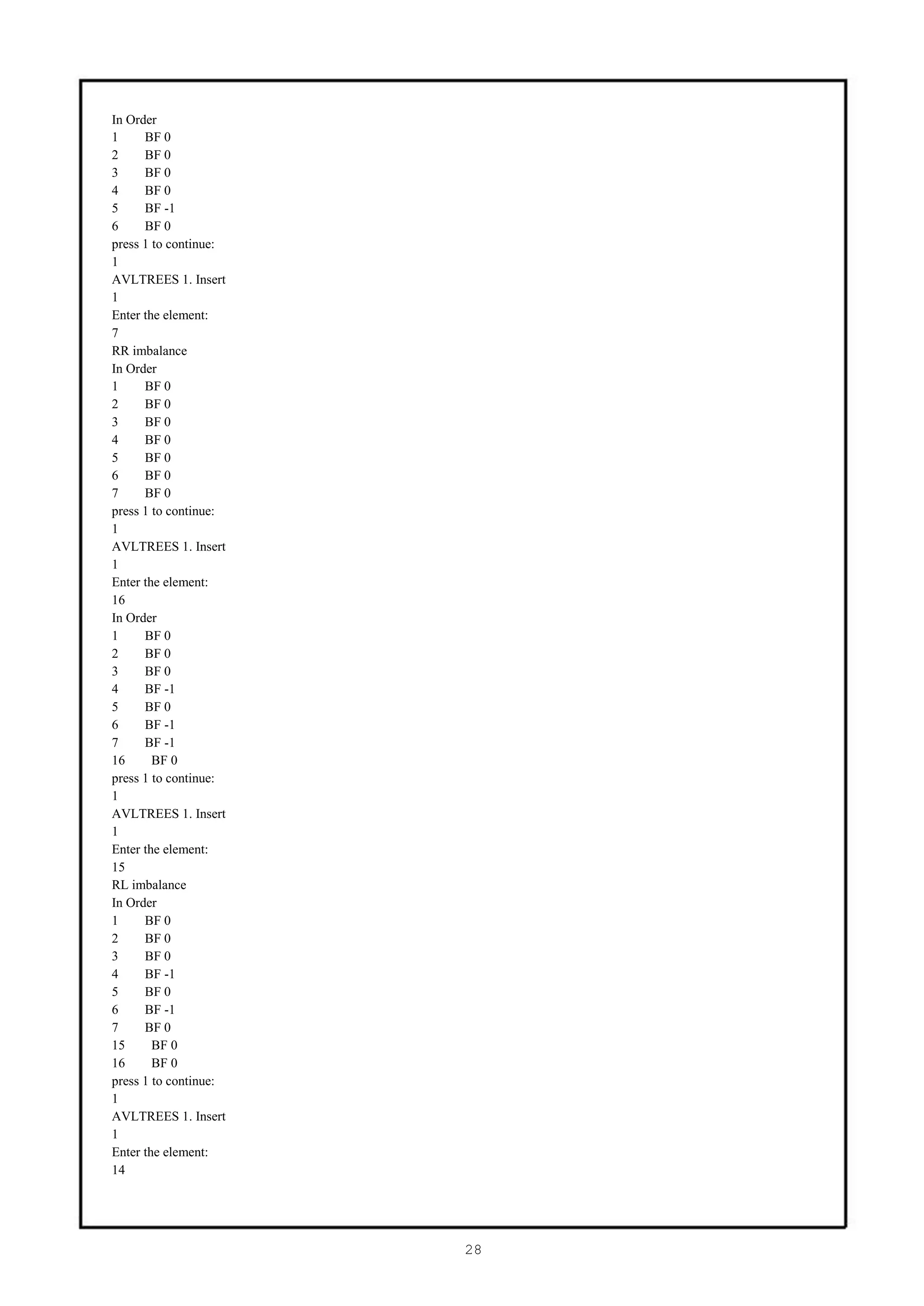 In Order
1     BF 0
2     BF 0
3     BF 0
4     BF 0
5     BF -1
6     BF 0
press 1 to continue:
1
AVLTREES 1. Insert
1
Enter the element:
7
RR imbalance
In Order
1     BF 0
2     BF 0
3     BF 0
4     BF 0
5     BF 0
6     BF 0
7     BF 0
press 1 to continue:
1
AVLTREES 1. Insert
1
Enter the element:
16
In Order
1     BF 0
2     BF 0
3     BF 0
4     BF -1
5     BF 0
6     BF -1
7     BF -1
16      BF 0
press 1 to continue:
1
AVLTREES 1. Insert
1
Enter the element:
15
RL imbalance
In Order
1     BF 0
2     BF 0
3     BF 0
4     BF -1
5     BF 0
6     BF -1
7     BF 0
15      BF 0
16      BF 0
press 1 to continue:
1
AVLTREES 1. Insert
1
Enter the element:
14




                       28
 