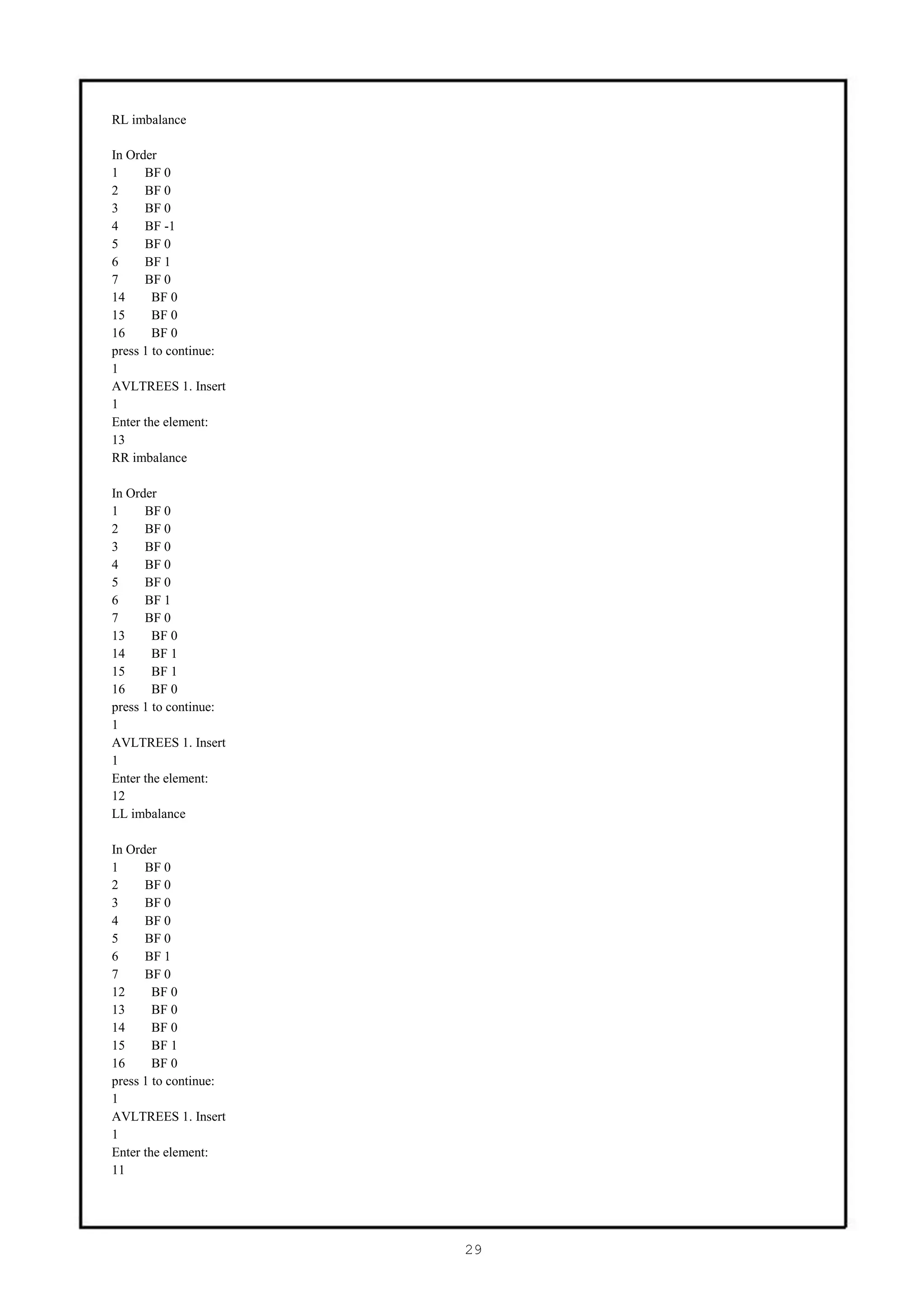 RL imbalance

In Order
1     BF 0
2     BF 0
3     BF 0
4     BF -1
5     BF 0
6     BF 1
7     BF 0
14      BF 0
15      BF 0
16      BF 0
press 1 to continue:
1
AVLTREES 1. Insert
1
Enter the element:
13
RR imbalance

In Order
1     BF 0
2     BF 0
3     BF 0
4     BF 0
5     BF 0
6     BF 1
7     BF 0
13      BF 0
14      BF 1
15      BF 1
16      BF 0
press 1 to continue:
1
AVLTREES 1. Insert
1
Enter the element:
12
LL imbalance

In Order
1     BF 0
2     BF 0
3     BF 0
4     BF 0
5     BF 0
6     BF 1
7     BF 0
12      BF 0
13      BF 0
14      BF 0
15      BF 1
16      BF 0
press 1 to continue:
1
AVLTREES 1. Insert
1
Enter the element:
11




                       29
 