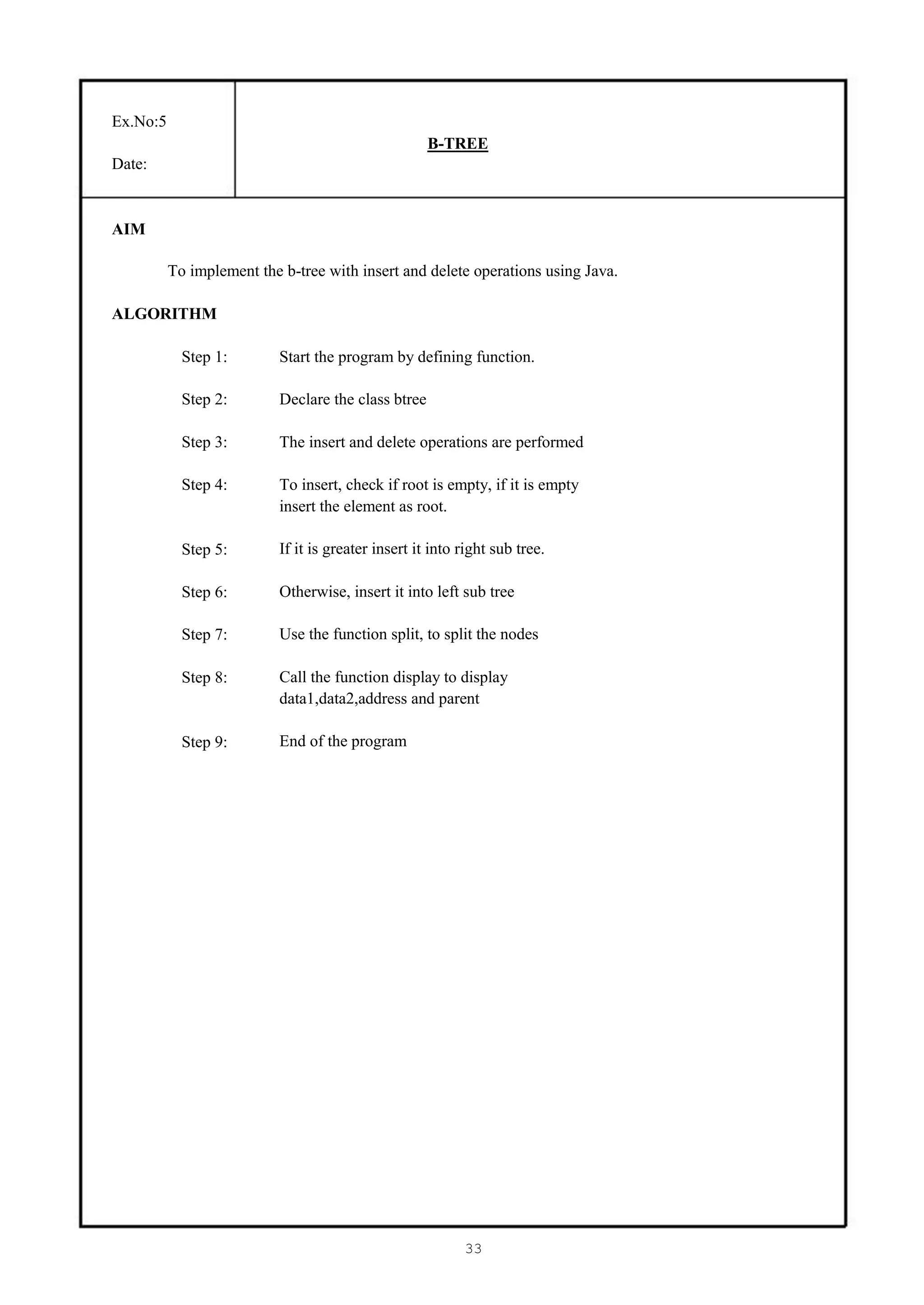Ex.No:5
                                                     B-TREE
Date:


AIM

          To implement the b-tree with insert and delete operations using Java.

ALGORITHM

            Step 1:        Start the program by defining function.

            Step 2:        Declare the class btree

            Step 3:        The insert and delete operations are performed

            Step 4:        To insert, check if root is empty, if it is empty
                           insert the element as root.

            Step 5:        If it is greater insert it into right sub tree.

            Step 6:        Otherwise, insert it into left sub tree

            Step 7:        Use the function split, to split the nodes

            Step 8:        Call the function display to display
                           data1,data2,address and parent

            Step 9:        End of the program




                                                           33
 