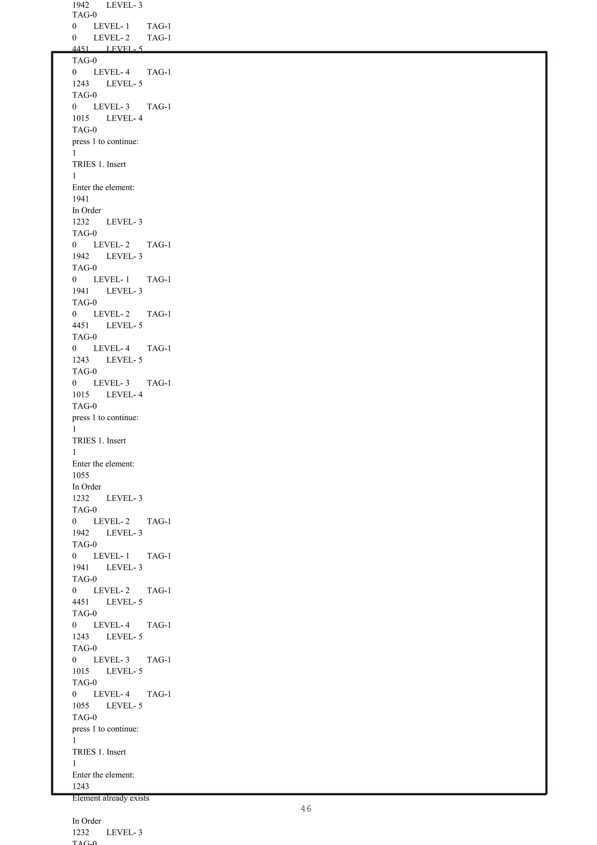 1942       LEVEL- 3
TAG-0
0     LEVEL- 1       TAG-1
0     LEVEL- 2       TAG-1
4451       LEVEL- 5
TAG-0
0     LEVEL- 4       TAG-1
1243       LEVEL- 5
TAG-0
0     LEVEL- 3       TAG-1
1015       LEVEL- 4
TAG-0
press 1 to continue:
1
TRIES 1. Insert
1
Enter the element:
1941
In Order
1232       LEVEL- 3
TAG-0
0     LEVEL- 2       TAG-1
1942       LEVEL- 3
TAG-0
0     LEVEL- 1       TAG-1
1941       LEVEL- 3
TAG-0
0     LEVEL- 2       TAG-1
4451       LEVEL- 5
TAG-0
0     LEVEL- 4       TAG-1
1243       LEVEL- 5
TAG-0
0     LEVEL- 3       TAG-1
1015       LEVEL- 4
TAG-0
press 1 to continue:
1
TRIES 1. Insert
1
Enter the element:
1055
In Order
1232       LEVEL- 3
TAG-0
0     LEVEL- 2       TAG-1
1942       LEVEL- 3
TAG-0
0     LEVEL- 1       TAG-1
1941       LEVEL- 3
TAG-0
0     LEVEL- 2       TAG-1
4451       LEVEL- 5
TAG-0
0     LEVEL- 4       TAG-1
1243       LEVEL- 5
TAG-0
0     LEVEL- 3       TAG-1
1015       LEVEL- 5
TAG-0
0     LEVEL- 4       TAG-1
1055       LEVEL- 5
TAG-0
press 1 to continue:
1
TRIES 1. Insert
1
Enter the element:
1243
Element already exists
                             46
In Order
1232     LEVEL- 3
 