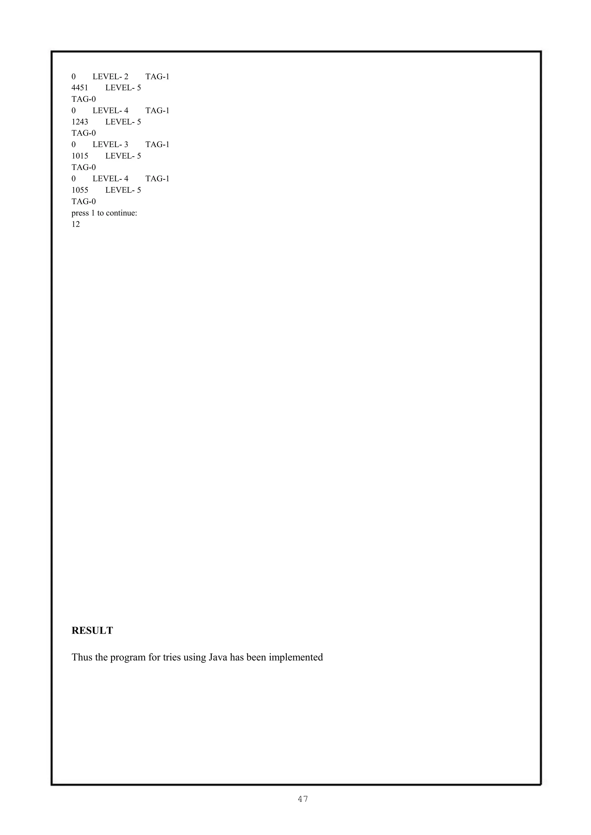 0     LEVEL- 2         TAG-1
4451       LEVEL- 5
TAG-0
0     LEVEL- 4         TAG-1
1243       LEVEL- 5
TAG-0
0     LEVEL- 3         TAG-1
1015       LEVEL- 5
TAG-0
0     LEVEL- 4         TAG-1
1055       LEVEL- 5
TAG-0
press 1 to continue:
12




RESULT

Thus the program for tries using Java has been implemented




                                                    47
 