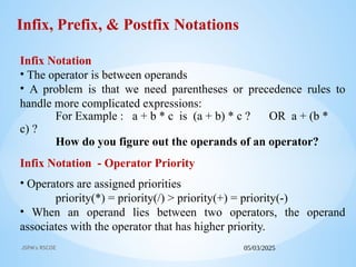 05/03/2025
JSPM's RSCOE
Infix, Prefix, & Postfix Notations
Infix Notation
• The operator is between operands
• A problem is that we need parentheses or precedence rules to
handle more complicated expressions:
For Example : a + b * c is (a + b) * c ? OR a + (b *
c) ?
How do you figure out the operands of an operator?
Infix Notation - Operator Priority
• Operators are assigned priorities
priority(*) = priority(/) > priority(+) = priority(-)
• When an operand lies between two operators, the operand
associates with the operator that has higher priority.
 