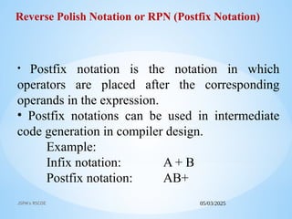 05/03/2025
JSPM's RSCOE
• Postfix notation is the notation in which
operators are placed after the corresponding
operands in the expression.
• Postfix notations can be used in intermediate
code generation in compiler design.
Example:
Infix notation: A + B
Postfix notation: AB+
Reverse Polish Notation or RPN (Postfix Notation)
 