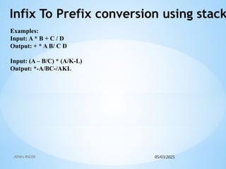 05/03/2025
JSPM's RSCOE
Infix To Prefix conversion using stack
Examples:
Input: A * B + C / D
Output: + * A B/ C D
Input: (A – B/C) * (A/K-L)
Output: *-A/BC-/AKL
 