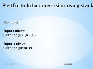 05/03/2025
JSPM's RSCOE
Postfix to Infix conversion using stack
Examples:
Input : abc++
Output : (a + (b + c))
Input : ab*c+
Output : ((a*b)+c)
 