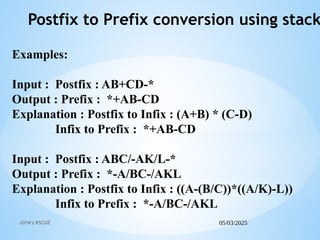 05/03/2025
JSPM's RSCOE
Postfix to Prefix conversion using stack
Examples:
Input : Postfix : AB+CD-*
Output : Prefix : *+AB-CD
Explanation : Postfix to Infix : (A+B) * (C-D)
Infix to Prefix : *+AB-CD
Input : Postfix : ABC/-AK/L-*
Output : Prefix : *-A/BC-/AKL
Explanation : Postfix to Infix : ((A-(B/C))*((A/K)-L))
Infix to Prefix : *-A/BC-/AKL
 