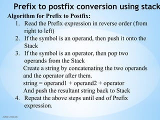 JSPM's RSCOE
Prefix to postfix conversion using stack
Algorithm for Prefix to Postfix:
1. Read the Prefix expression in reverse order (from
right to left)
2. If the symbol is an operand, then push it onto the
Stack
3. If the symbol is an operator, then pop two
operands from the Stack
Create a string by concatenating the two operands
and the operator after them.
string = operand1 + operand2 + operator
And push the resultant string back to Stack
4. Repeat the above steps until end of Prefix
expression.
 