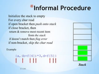 CS 201
*Informal Procedure
Initialize the stack to empty
For every char read
if open bracket then push onto stack
if close bracket, then
return & remove most recent item
from the stack
if doesn’t match then flag error
if non-bracket, skip the char read
Example
{a,(b+f[4])*3,d+f[5]}
Stack
{
(
[
)
}
]
[ ]
 