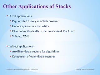Other Applications of Stacks
• Direct applications:
• Page-visited history in a Web browser
• Undo sequence in a text editor
• Chain of method calls in the Java Virtual Machine
• Validate XML
• Indirect applications:
• Auxiliary data structure for algorithms
• Component of other data structures
CS 11001 : Programming and Data Structures Lecture #00: © DSamanta
 
