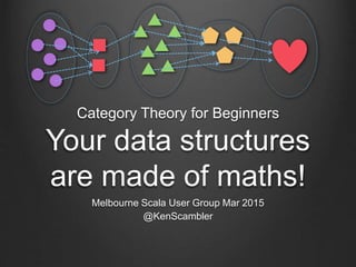 Category Theory for Beginners
Your data structures
are made of maths!
Melbourne Scala User Group Mar 2015
@KenScambler
 
