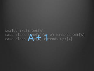 sealed trait Opt[A]
case class Some[A](a: A) extends Opt[A]
case class None[A] extends Opt[A]A + 1
 