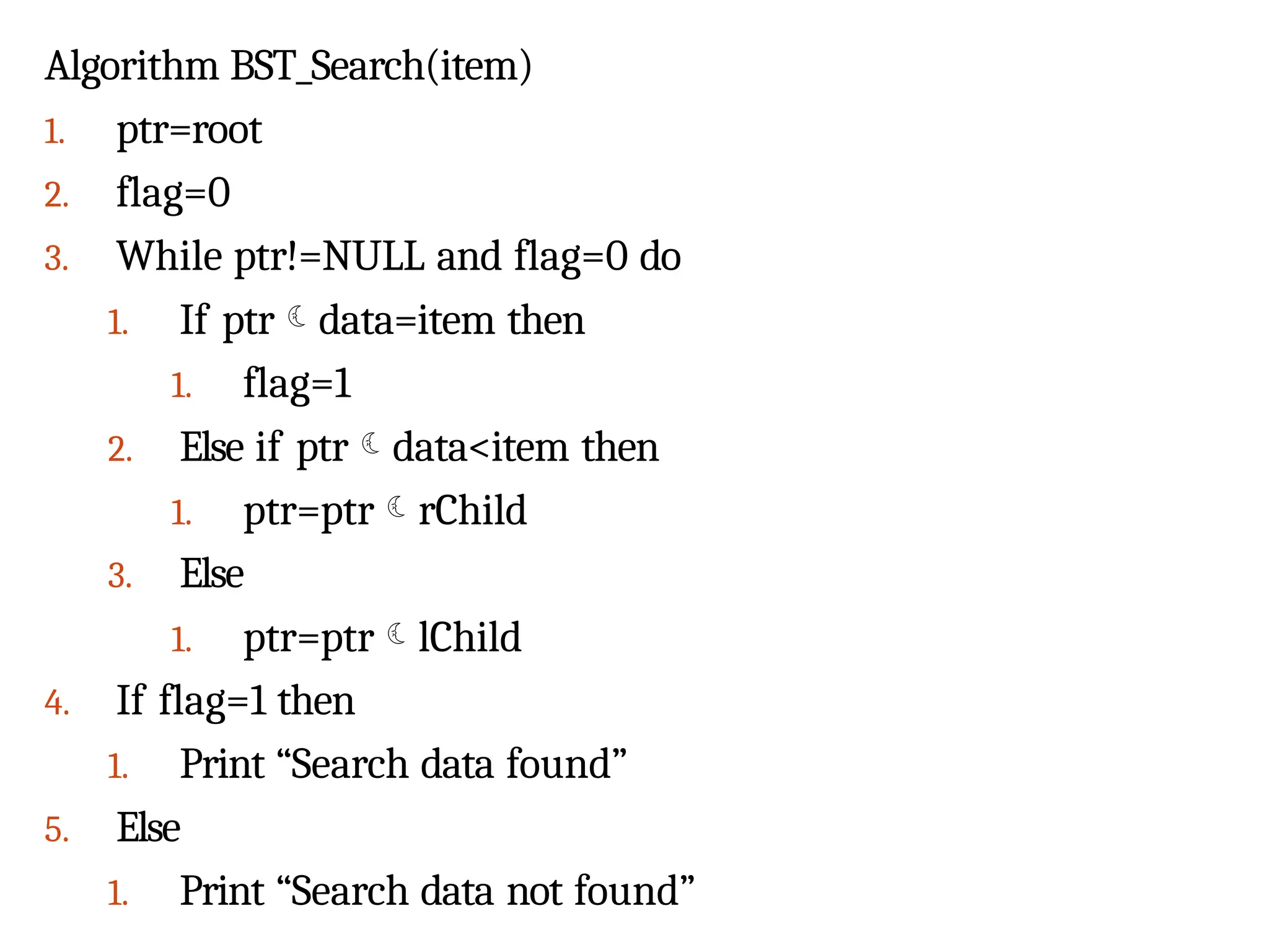 Algorithm BST_Search(item)
1. ptr=root
2. flag=0
3. While ptr!=NULL and flag=0 do
1. If ptrdata=item then
1. flag=1
2. Else if ptrdata<item then
1. ptr=ptrrChild
3. Else
1. ptr=ptrlChild
4. If flag=1 then
1. Print “Search data found”
5. Else
1. Print “Search data not found”
 