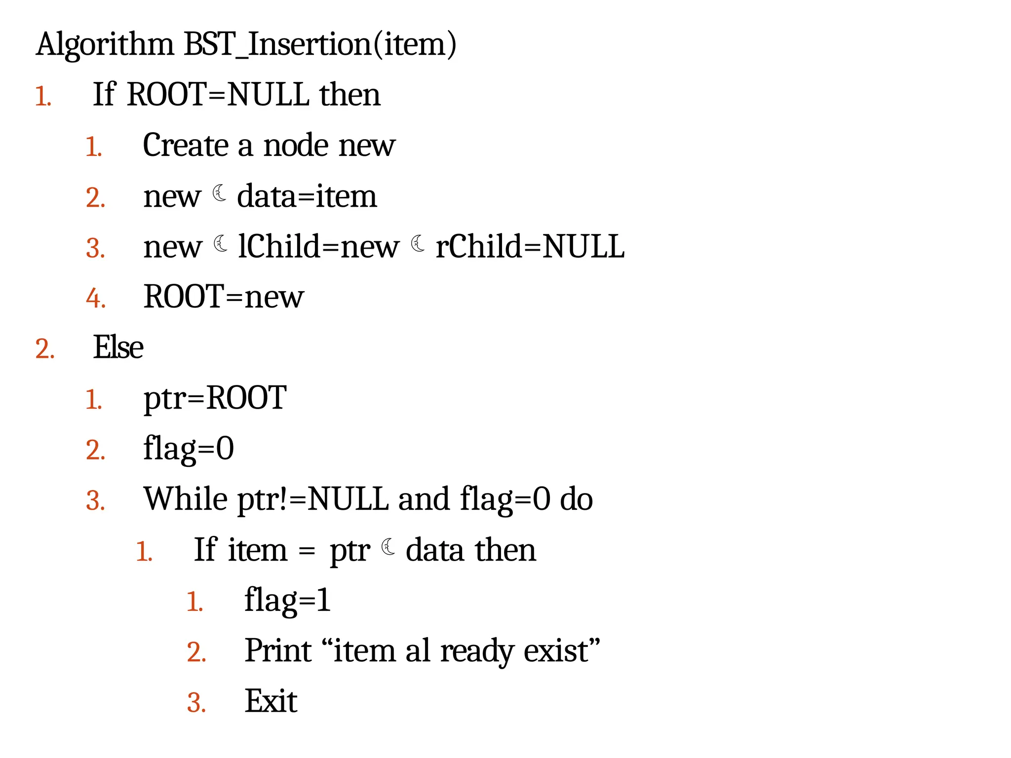Algorithm BST_Insertion(item)
1. If ROOT=NULL then
1. Create a node new
2. newdata=item
3. newlChild=newrChild=NULL
4. ROOT=new
2. Else
1. ptr=ROOT
2. flag=0
3. While ptr!=NULL and flag=0 do
1. If item = ptrdata then
1. flag=1
2. Print “item al ready exist”
3. Exit
 