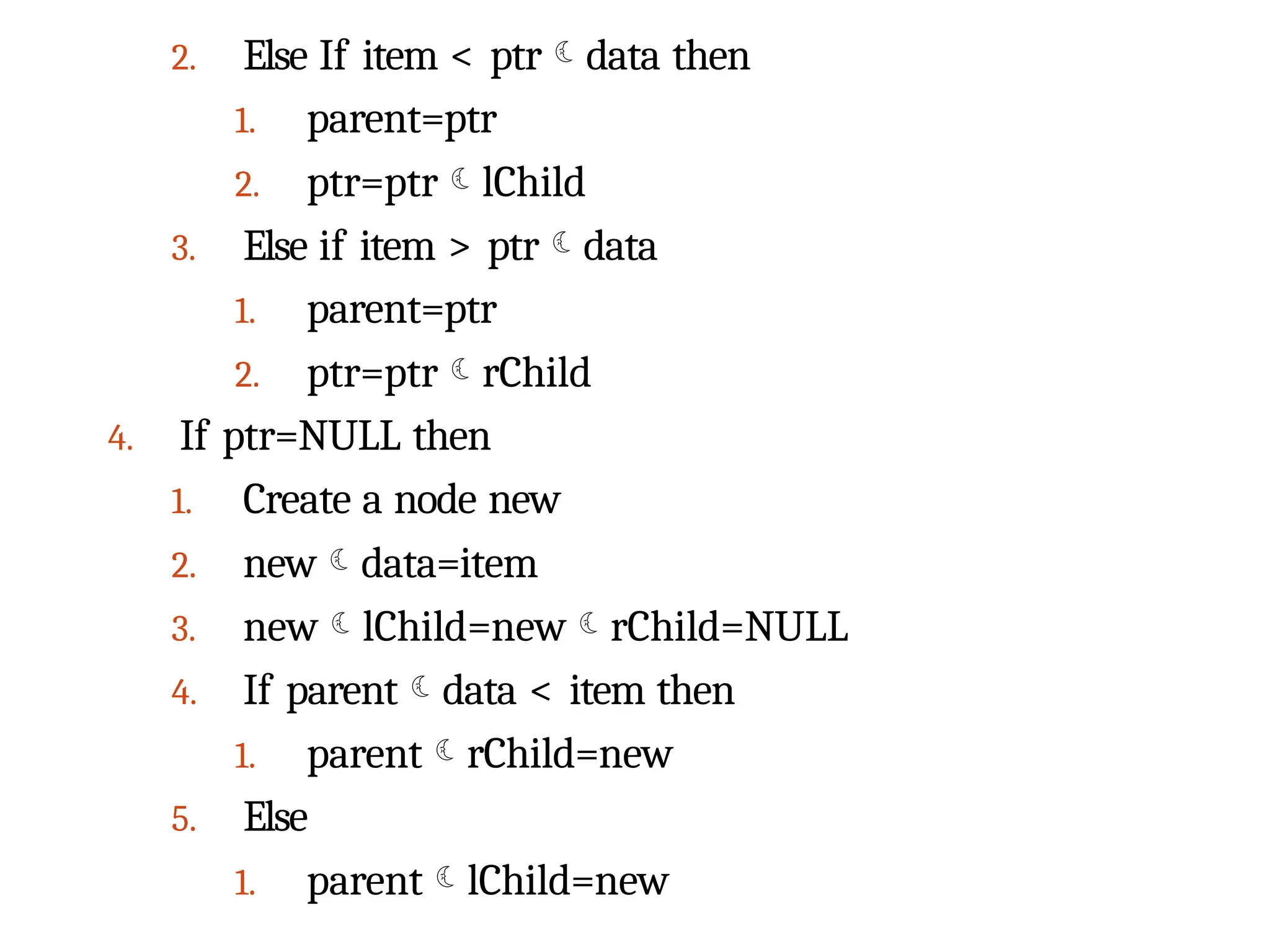 2. Else If item < ptrdata then
1. parent=ptr
2. ptr=ptrlChild
3. Else if item > ptrdata
1. parent=ptr
2. ptr=ptrrChild
4. If ptr=NULL then
1. Create a node new
2. newdata=item
3. newlChild=newrChild=NULL
4. If parentdata < item then
1. parentrChild=new
5. Else
1. parentlChild=new
 