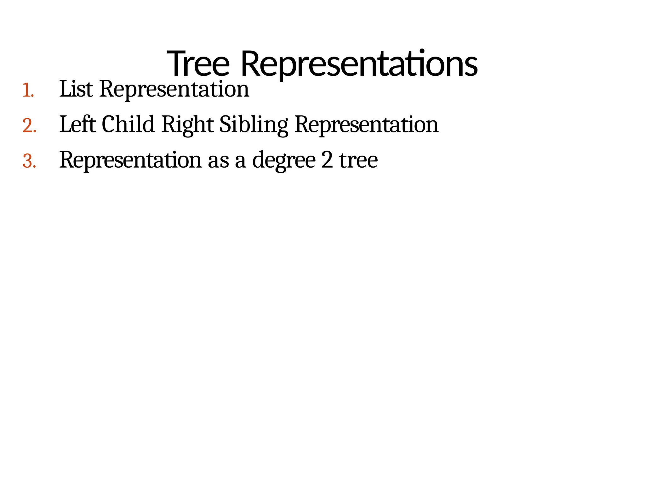 Tree Representations
1. List Representation
2. Left Child Right Sibling Representation
3. Representation as a degree 2 tree
 