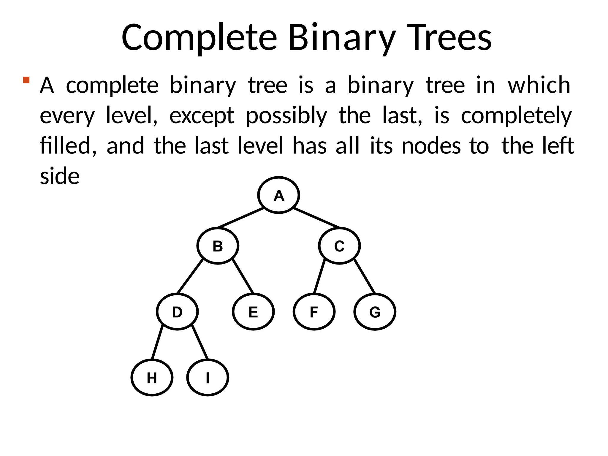 Complete Binary Trees
 A complete binary tree is a binary tree in which
every level, except possibly the last, is completely
filled, and the last level has all its nodes to the left
side
A
B C
D E F
H I
G
 