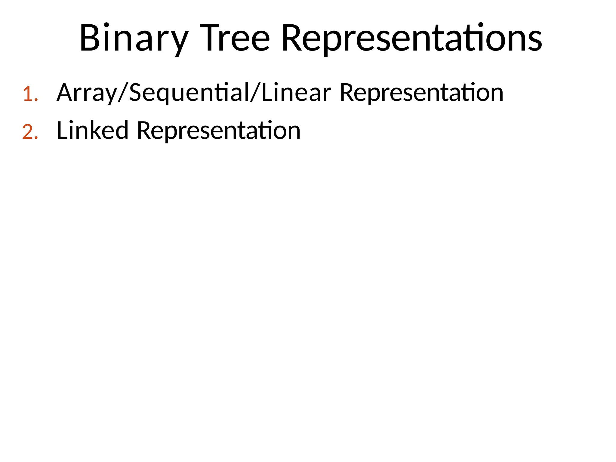 Binary Tree Representations
1. Array/Sequential/Linear Representation
2. Linked Representation
 