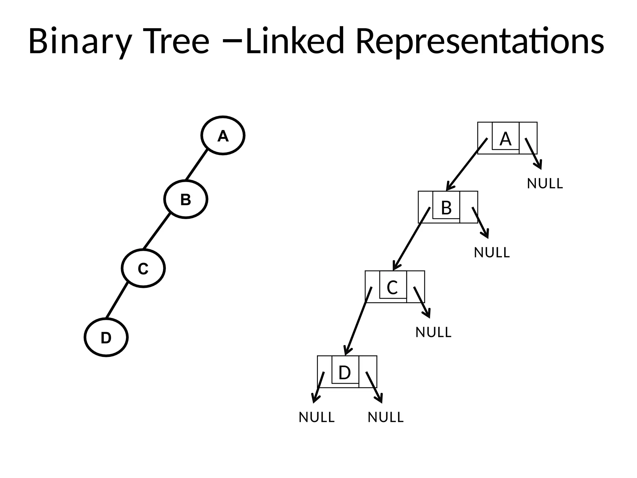 Binary Tree –Linked Representations
A
B
C
D
A
B
C
D
NULL
NULL
NULL
NULL
NULL
 