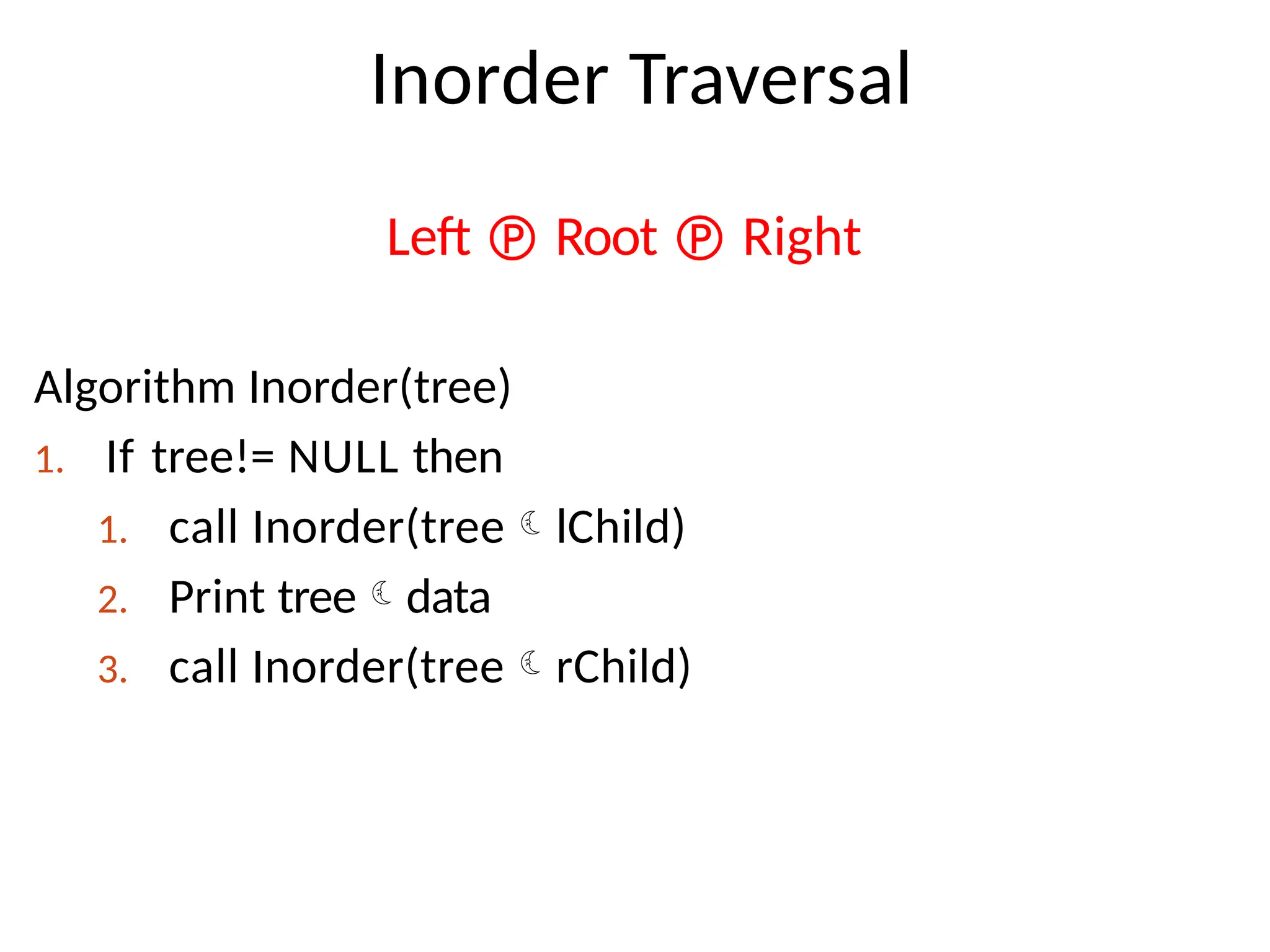 Inorder Traversal
Left  Root  Right
Algorithm Inorder(tree)
1. If tree!= NULL then
1. call Inorder(treelChild)
2. Print treedata
3. call Inorder(treerChild)
 