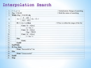 Interpolation Search
1. l = 1, u = n // Initialization: Range of searching
2. flag = FALSE // Hold the status of searching
3. While (flag = FALSE) do
4.   l
l
u
l
A
u
A
l
A
K
loc 











]
[
]
[
]
[
5. If ( )
u
loc
l 
 then // If loc is within the range of the list
6. Case: K < A[loc]
7. u = loc -1
8. Case: K = A[loc]
9. flag = TRUE
10. Case: K > A[loc]
11. l = loc +1
12. Else
13. Exit()
14. EndIf
15. EndWhile
16. If (flag) then
17. Print “Successful at” loc
18. Else
19. Print “Unsuccessful”
20. EndIf
21. Stop
 