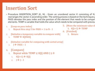 Insertion Sort
• Procedure INSERTION_SORT (K, N) : Given an unordered vector K consisting of N
rearranges the vector in ascending order. The sorting process is based on the techniques ju
PASS denotes the pass index and the position of the element that needs to be compare
elements.TEMP is variable that holds the value which needs to be compared with previou
1. [Loop on pass index]
1. Repeat thru step 5 for PASS = 1 to N - 1
2. [Initialize a temporary variable to compare with]
1. TEMP  K[PASS]
3. [Initialize variable for comparing with sorted array]
1. J  PASS – 1
4. [Compare]
1. Repeat while TEMP ≤ K[J] AND J ≥ 0
1. K[J+1]  K[J]
2. J  J - 1
5. [Move the minimum value el
1. K[J+1]  TEMP
6. [Finished]
1. Return
 