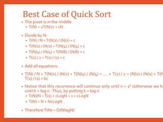 Best Case of Quick Sort
• The pivot is in the middle
• T(N) = 2T(N/2) + cN
• Divide by N:
• T(N) / N =T(N/2) / (N/2) + c
• T(N/2) / (N/2) =T(N/4) / (N/4) + c
• T(N/4) / (N/4) =T(N/8) / (N/8) + c
• T(2) / 2 =T(1) / (1) + c
• Add all equations:
• T(N) / N + T(N/2) / (N/2) + T(N/4) / (N/4) + …. + T(2) / 2 = (N/2) / (N/2) + T(N
T(1) / (1) + kc
• Notice that this recurrence will continue only until n = 2k (otherwise we ha
until k = log n .Thus, by putting k = log n
• T(N)/N =T(1) + cLogN = 1 + cLogN
• T(N) = N + NcLogN
• ThereforeT(N) = O(NlogN)
 