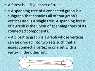 • A forest is a disjoint set of trees.
• • A spanning tree of a connected graph is a
subgraph that contains all of that graph’s
vertices and is a single tree. A spanning forest
of a graph is the union of spanning trees of its
connected components.
• • A bipartite graph is a graph whose vertices
can be divided into two sets such that all
edges connect a vertex in one set with a
vertex in the other set.
 
