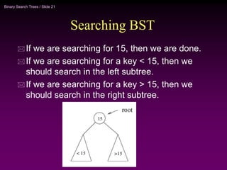 Binary Search Trees / Slide 21
Searching BST
 If we are searching for 15, then we are done.
 If we are searching for a key < 15, then we
should search in the left subtree.
 If we are searching for a key > 15, then we
should search in the right subtree.
 