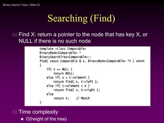 Binary Search Trees / Slide 23
Searching (Find)
 Find X: return a pointer to the node that has key X, or
NULL if there is no such node
 Time complexity
 O(height of the tree)
 