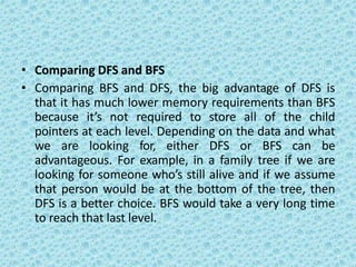 • Comparing DFS and BFS
• Comparing BFS and DFS, the big advantage of DFS is
that it has much lower memory requirements than BFS
because it’s not required to store all of the child
pointers at each level. Depending on the data and what
we are looking for, either DFS or BFS can be
advantageous. For example, in a family tree if we are
looking for someone who’s still alive and if we assume
that person would be at the bottom of the tree, then
DFS is a better choice. BFS would take a very long time
to reach that last level.
 