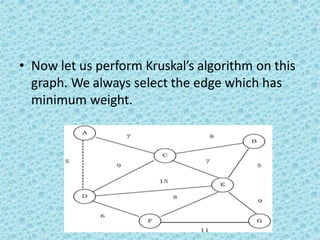 • Now let us perform Kruskal’s algorithm on this
graph. We always select the edge which has
minimum weight.
 
