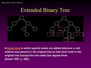 Binary Search Trees / Slide 30
Extended Binary Tree
A binary tree in which special nodes are added wherever a null
subtree was present in the original tree so that each node in the
original tree (except the root node) has degree three
(Knuth 1997, p. 399).
 