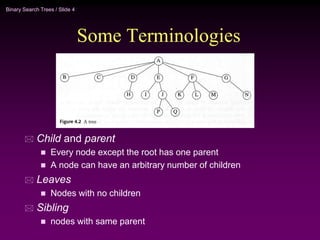 Binary Search Trees / Slide 4
Some Terminologies
 Child and parent
 Every node except the root has one parent
 A node can have an arbitrary number of children
 Leaves
 Nodes with no children
 Sibling
 nodes with same parent
 