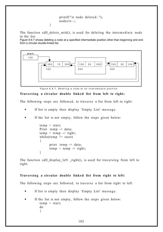 printf("n node deleted..");
nodectr- -;
}
The function cdll_delete_mid(), is used for deleting the intermediate node
in the list.
Figure 6.8.7 shows deleting a node at a specified intermediate position other than beginning and end
from a circular double linked list.
1 0 0
3 0 0 1 0 3 0 0 1 0 0 3 0 1 0 0
1 0 0 2 0 0 3 0 0
st a rt
Fi g ur e 6. 8. 7. De l e t i n g a n o d e at a n i nt er m e d i a t e p o s it i o n
1 0 0 2 0 3 0 0
Traversin g a circular double linked list from left to right:
The following steps are followed, to traverse a list from left to right:
 If list is empty then display ‘Empty List’ message.
 If the list is not empty, follow the steps given below:
temp = start;
Print temp -> data;
temp = temp -> right;
while(temp != start)
{
print temp -> data;
temp = temp -> right;
}
The function cdll_display_left _right(), is used for traversing from left to
right.
Traversin g a circular double linked list from right to left:
The following steps are followed, to traverse a list from right to left:
 If list is empty then display ‘Empty List’ message.
 If the list is not empty, follow the steps given below:
temp = start;
do
{
102
 